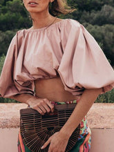 Solid Color Puff Sleeve Backless Short Shirt